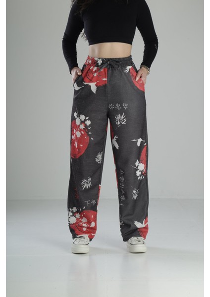 Japon Çiçeği Desenli Baggy Pantolon