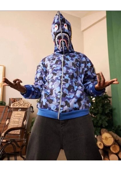 Erkek 2 Iplik Bape Kapüşonu Fermuarlı Hırka - Mavi