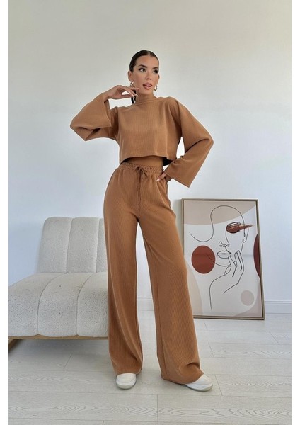 Camel Fitilli Bluz ve Pantolon Takım