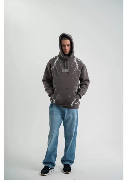 Double Oversize Kapşonlu Şimşek Pano Baskılı Sweatshirt - Füme