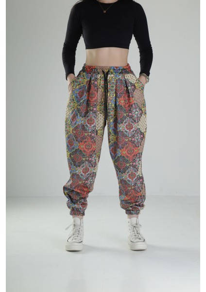 Etnik Desenli Pileli Jogger Pantolon