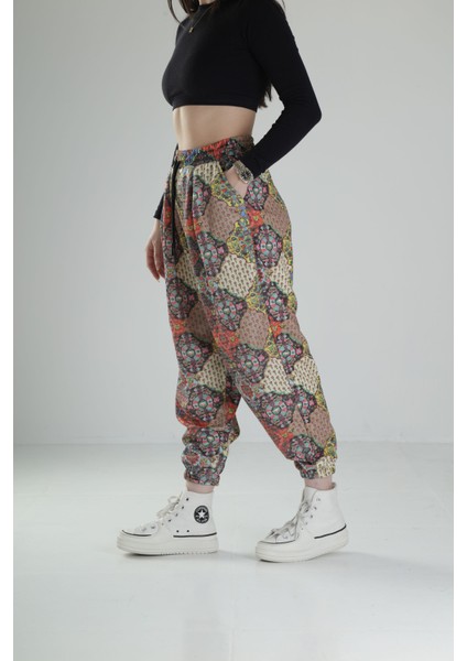 Etnik Desenli Pileli Jogger Pantolon