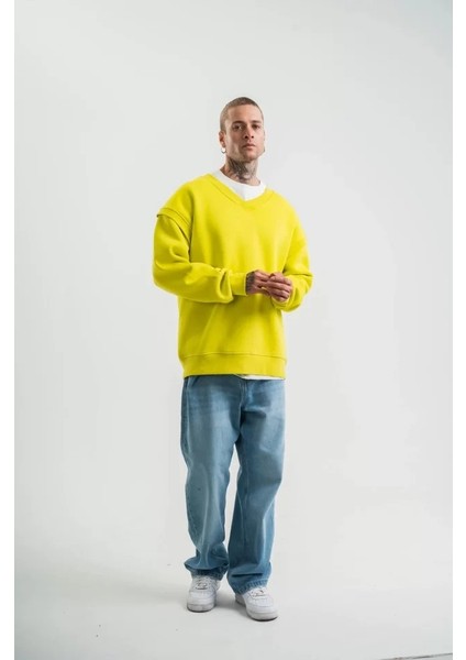 Geniş V Yaka Kol Ribana Detaylı Sweatshirt - Sarı