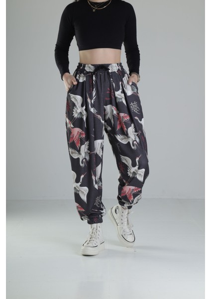 Chinese Kuş Desenli Pileli Jogger