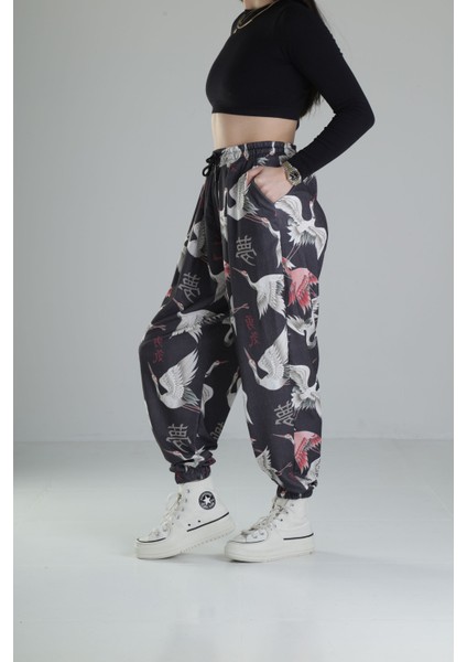 Chinese Kuş Desenli Pileli Jogger