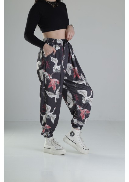 Chinese Kuş Desenli Pileli Jogger