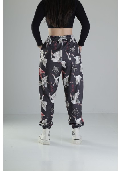 Chinese Kuş Desenli Pileli Jogger
