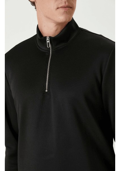 Unisex Uzun Kol Yarım Farmuarlı Yakalı Basic Sweatshirt - Siyah