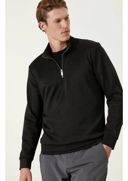 Unisex Uzun Kol Yarım Farmuarlı Yakalı Basic Sweatshirt - Siyah