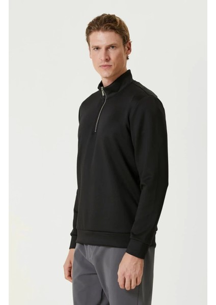 Unisex Uzun Kol Yarım Farmuarlı Yakalı Basic Sweatshirt - Siyah