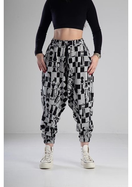 Satranç Desenli Spor Şalvar