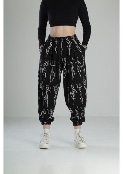 Kadın Siyah Desenli Pileli Jogger Pantolon COC2332