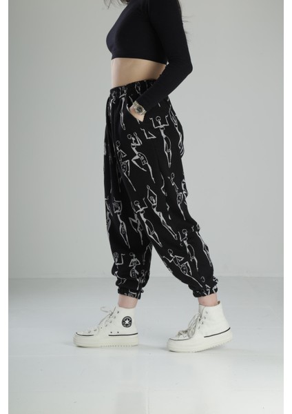 Kadın Siyah Desenli Pileli Jogger Pantolon COC2332 fiyatları