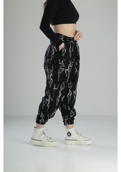Kadın Siyah Desenli Pileli Jogger Pantolon COC2332 modelleri