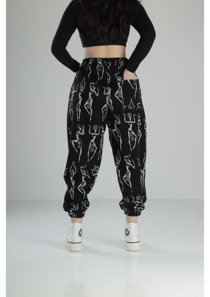 Kadın Siyah Desenli Pileli Jogger Pantolon COC2332 fırsatları