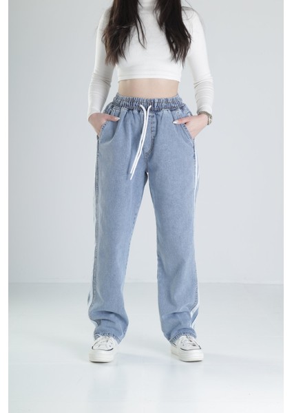 Şerit Detaylı Mavi Baggy Kot Pantolon
