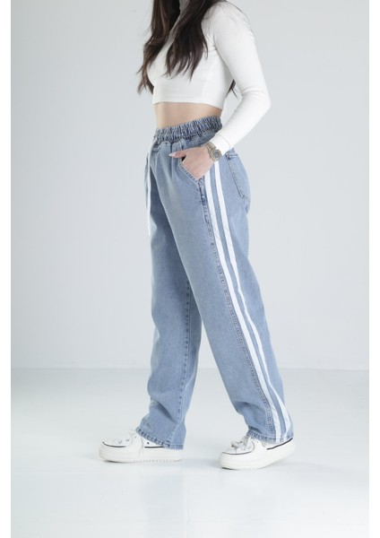Şerit Detaylı Mavi Baggy Kot Pantolon