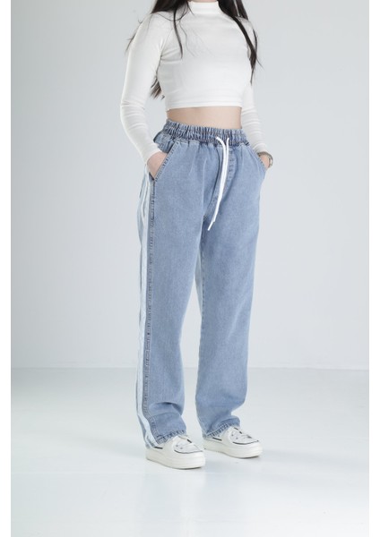 Şerit Detaylı Mavi Baggy Kot Pantolon