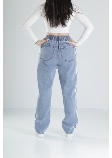 Şerit Detaylı Mavi Baggy Kot Pantolon