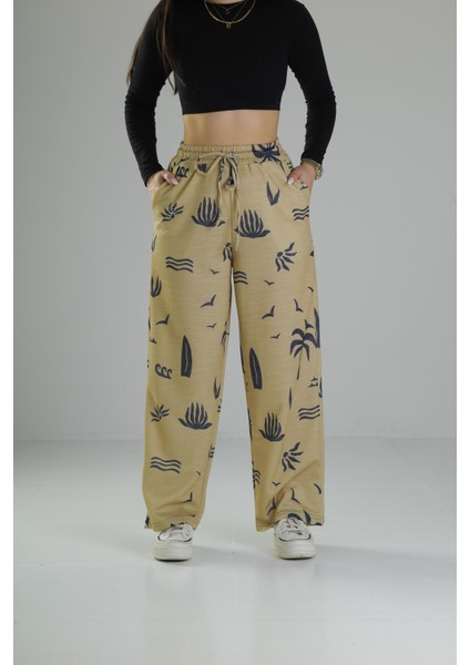 Ağaç Desenli Sarı Baggy Pantolon