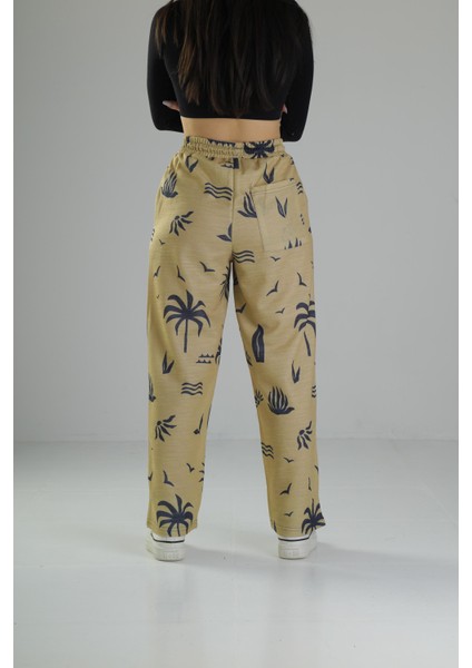 Ağaç Desenli Sarı Baggy Pantolon
