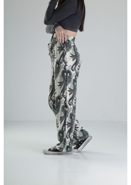 Yeşil Yaprak Desenli Baggy Pantolon modelleri