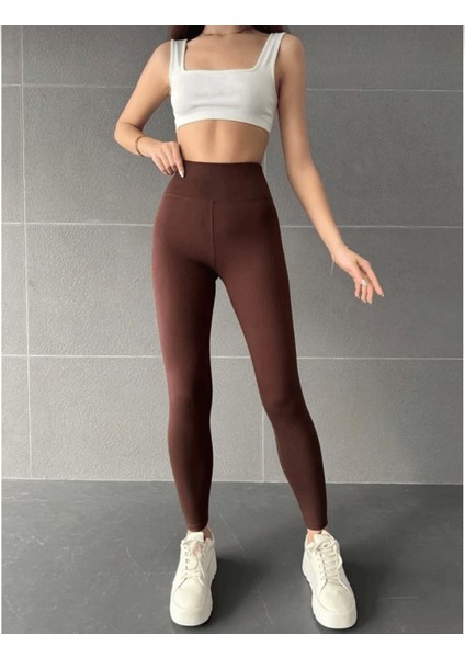 Nonofit Yüksek Bel Düz Özel Tasarım Sporcu Tayt - Kahve