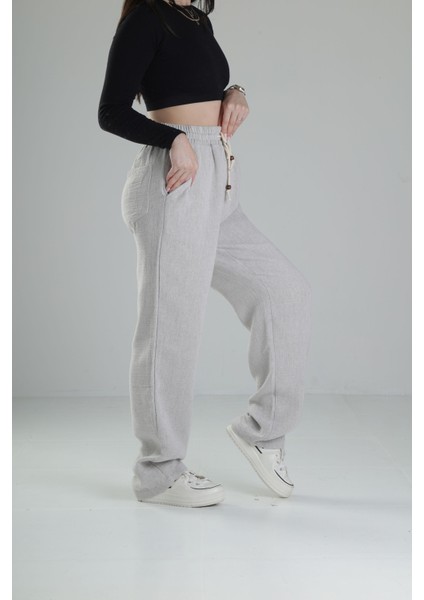Bol Kalıp Gri Keten Pantolon modelleri