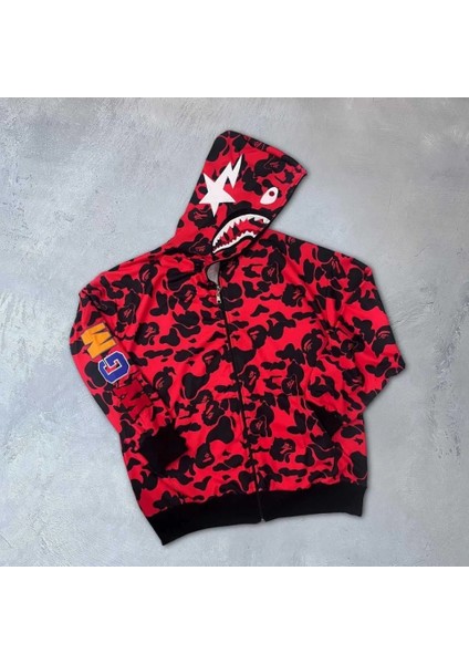 Unisex 2 Iplik Bape Kapüşonu Fermuarlı Hırka - Kırmızı
