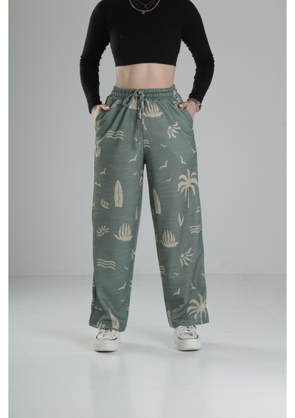 Yeşil Yaprak Desenli Baggy Pantolon