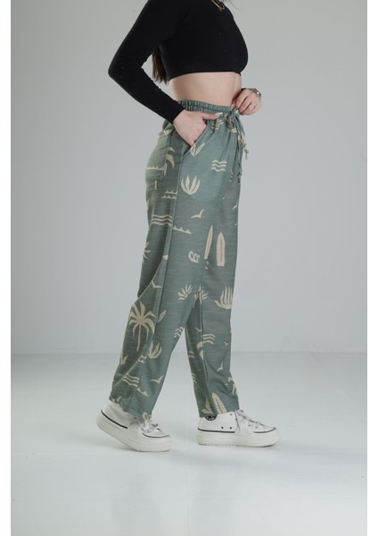 Yeşil Yaprak Desenli Baggy Pantolon modelleri