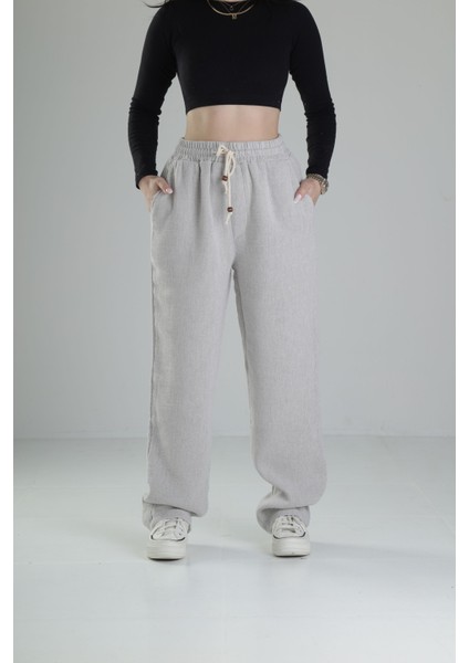Bol Kalıp Gri Keten Pantolon