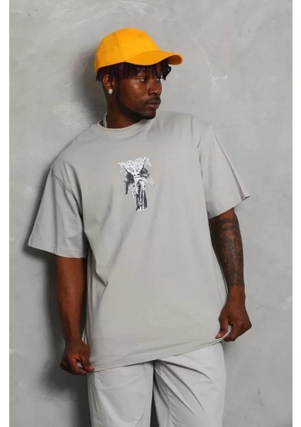 Unisex Oversize Baskılı Bisiklet Yaka T-Shirt - Gri