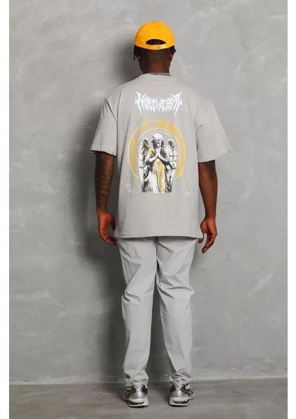Unisex Oversize Baskılı Bisiklet Yaka T-Shirt - Gri
