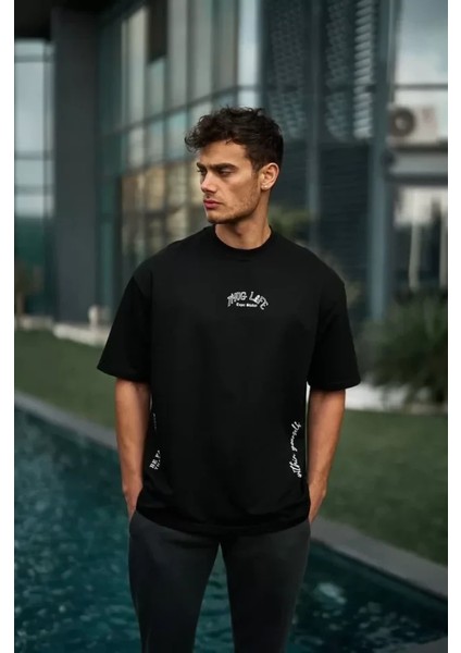 Unisex Baskılı Oversize T-Shirt - Siyah