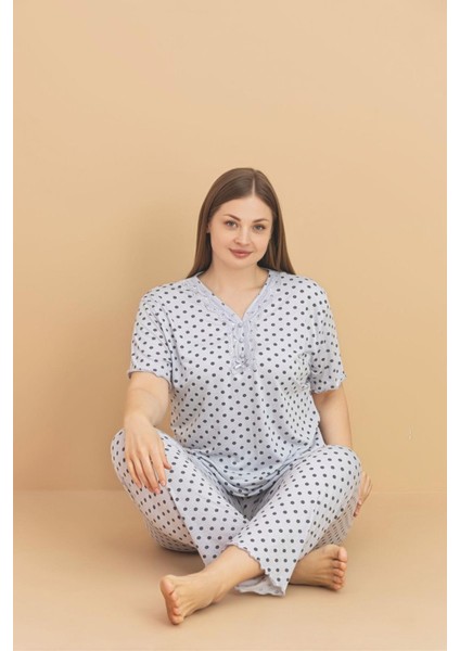 Kadın Büyük Beden Dantel Yaka Bambu Kısa Kol Ince Pijama Takımı 5929 - 1 Adet