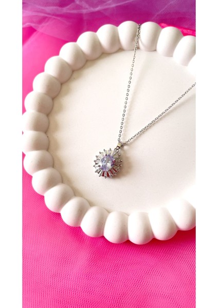 Oval Zirkon Taşlı Çelik Kolye