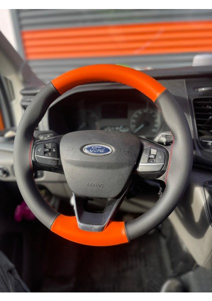 Dikişli Direksiyon Kılıfı Siyah Deri Turuncu Deri Kırmızı Dikişli Ford Transit Için