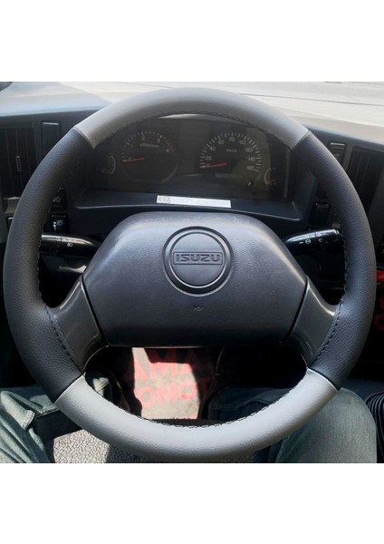 Dikişli Direksiyon Kılıfı Gri Deri Siyah Deri Siyah Dikişli Isuzu Npr Icin