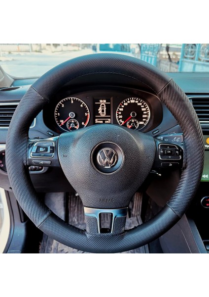 Dikişli Direksiyon Kılıfı Karbon / Nokta Deri Siyah Dikişli Volkswagen Jetta Için