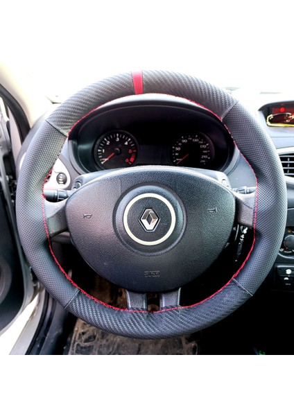 Dikişli Direksiyon Kılıfı Karbon Deri Nokta Deri Kırmızı Yüzük Kırmızı Dikişli Renault Clio