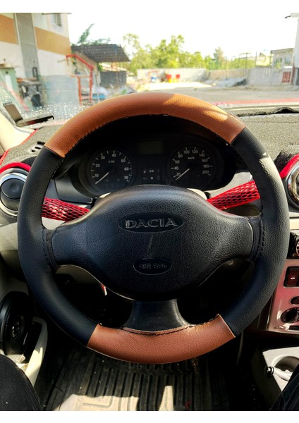 Dikişli Direksiyon Kılıfı Siyah Deri Taba Deri Siyah Dikişli Dacia (Fotodaki Direksiyon) Için