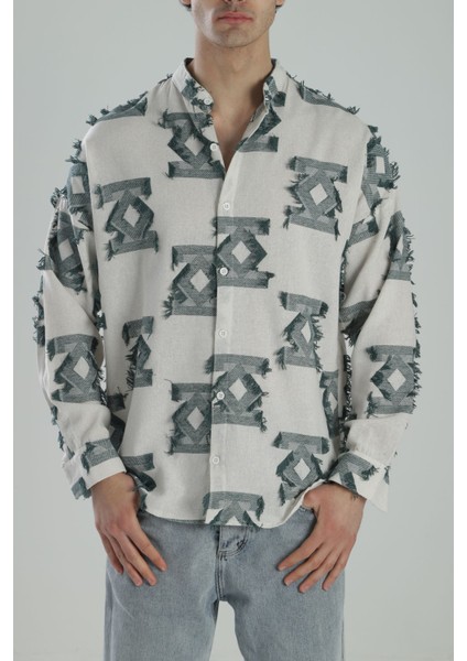 Yeşil Desenli Vintage Püsküllü Gömlek