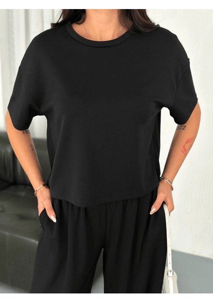 Osy Modal Yumuşak Dokulu Kumaş Bisiklet Yaka T-Shirt Bol Paça Pantalon Ikili Takım -Siyah