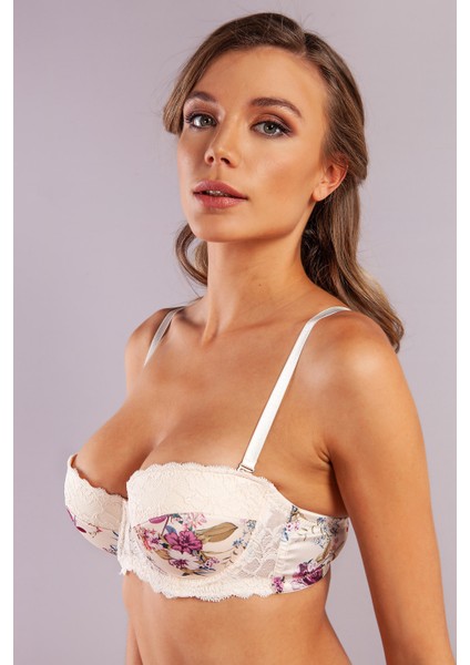 Gitana Half Push Up Bra,çiçekli Ekru Straplez Konforlu ve Şık Sütyen