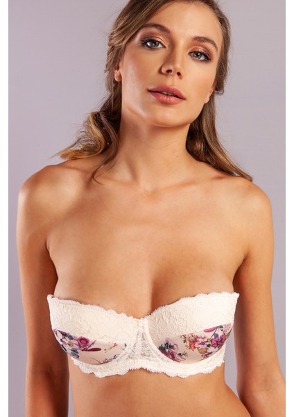 Gitana Half Push Up Bra,çiçekli Ekru Straplez Konforlu ve Şık Sütyen