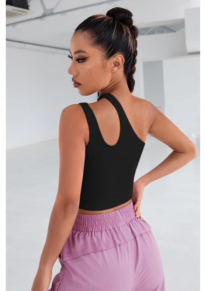Kadın Siyah Tek Omuz Cut Out Detaylı Crop Top Bluz