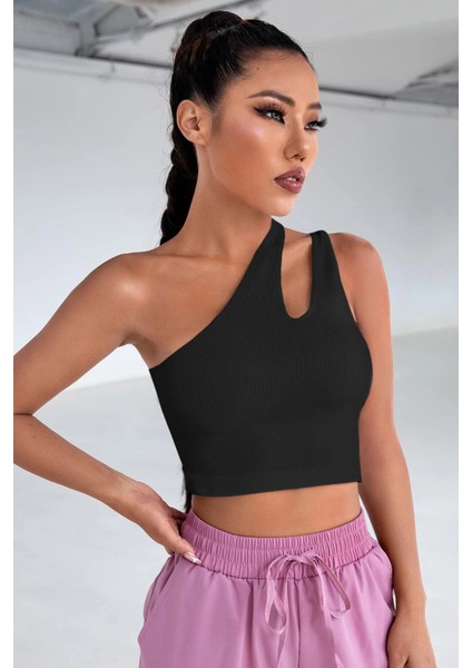 Kadın Siyah Tek Omuz Cut Out Detaylı Crop Top Bluz