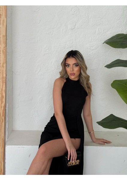 Kadın Halter Yaka Derin Yırtmaç Detaylı Tam Boy Ithal Krep Abiye Elbise