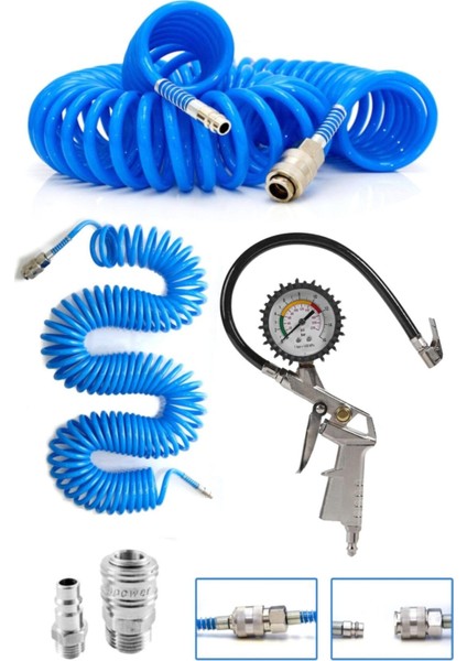 Yüksek Kalite Hava Üfleme Toz Alma 15MT Spiral Hava Hortumu ve Saatli Lastik Şişirme Hava Tabancası